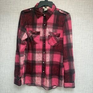 Love Potion Burgundy Plaid Button-Up Soft Touch Shirt, Size M